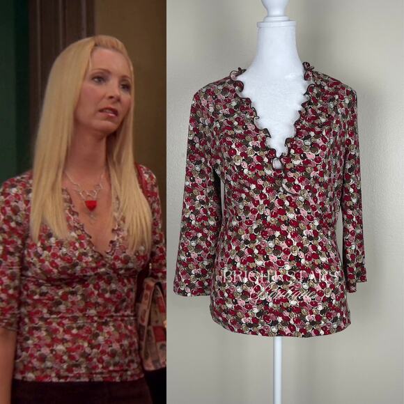Tops - Rare Vintage Pink Print Top ASO Phoebe Buffay Friends V-Neck Faux Wrap Y2K